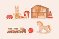 Set of different children`s toys: car, plush rabbit, cubes, dollhouse, steam locomotive, ball.