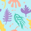 Set of Hand drawn seamless pattern with tropical leaves and magical stars.