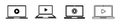 Set of laptop with play buttons. Monitor with black play video or music buttons.