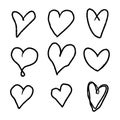 Set of nine hand drawn heart. Handdrawn rough marker hearts isolated on white background.