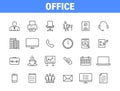 Set of 24 Office and workplace web icons in line style. Teamwork, workplace, coffee, work, business Royalty Free Stock Photo