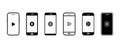 Set of phone with play buttons. Smartphone with black play video or music buttons.