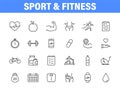 Set of 24 Sport and Fitness, healthy food web icons in line style. Soccer, nutrition, workout, teamwork. Vector illustration