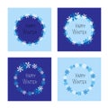 Set of square cards with circle of snowflakes