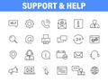 Set of 24 Support and Help web icons in line style. Assistance, email, customer, service, contact Royalty Free Stock Photo