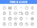 Set of 24 Time and clock web icons in line style. Timer, Speed, Alarm, Calendar. Vector illustration Royalty Free Stock Photo