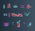 Shopping doodle icons set. Hand drawn color vector isolated Royalty Free Stock Photo