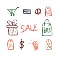 Shopping icons by hand drawn doodle set. Color outline vector isolated Royalty Free Stock Photo