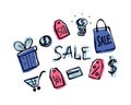 Shopping set manually drawn color doodle icons. Vector