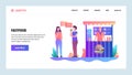 Web site onboarding screens. Fast food stall. People eat lunch on a street. Menu vector banner template for website and