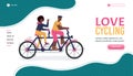 Website page with couple riding tandem bicycle cartoon vector illustration.