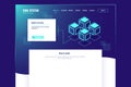 Web site page template, abstract digital technology element, server room, data center database isometric neon vector