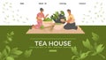 Web site template for teahouse cafe with people drinking tea vector illustration
