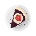 A slice of cake on a plate vector clip art in cartoon flat design. Cute dessert with strawberry and chocolate. Royalty Free Stock Photo