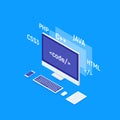 Web Software Development concept, programming and coding. Laptop with big data processing, computing isometric Royalty Free Stock Photo