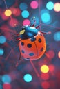 In a web of sparkling lights, a beetle walks along a glowing thread Royalty Free Stock Photo