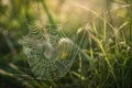 The web of the spider is placed on the trees in the rays of sunset. AI Generated Royalty Free Stock Photo