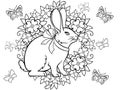 Spring came. Easter card. Picture for coloring. Easter bunny, wreath, flowers and butterflies.