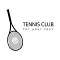 Square sport cover with place for text. Tennis racket black outline isolated. Vector illustration on a white background.