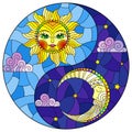 Illustration in the stained glass style with the sun and moon in the shape of the Yin yang sign, round image