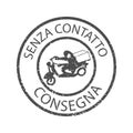 Stamp grunge rubber contactless delivery in italiano.  Seal of Contactless delivery  with  Man in medical mask  on motorcycle for Royalty Free Stock Photo