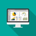 Web statistics analytic charts on Computer screen icon. Flat vector infographic trend graphs information report concept for