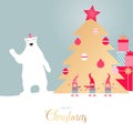 Stock vector illustration with a polar bear and 3 christmas elves waving hands saying hello