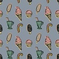 Sweet, desserts seamless pattern on a blue background. Hand drawn doodle