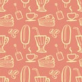 Sweets and desserts seamless pattern on pink background. Hand drawn