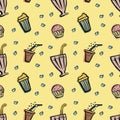 Sweets and desserts seamless pattern on a yellow background. Hand drawn retro style vector