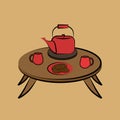 Tea time set on table in living room with cups of hot drinks in red colour Royalty Free Stock Photo