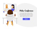 Web template with clean design. Bright blue accent color. Home working video conference.