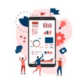 Web template. Mans studying financial statistics on screen monitor. Financial reports, charts graphs on screens of desktop.