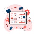 Web template. Mans studying financial statistics on screen monitor. Financial reports, charts graphs on screens of desktop.