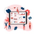 Web template. Mans studying financial statistics on screen monitor. Financial reports, charts graphs on screens of desktop.