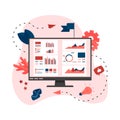 Web template. Mans studying financial statistics on screen monitor. Financial reports, charts graphs on screens of desktop.