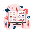 Web template. Mans studying financial statistics on screen monitor. Financial reports, charts graphs on screens of desktop.