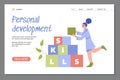 Web template about personal development with illustration of girl who is building pyramid of her successful skills Royalty Free Stock Photo