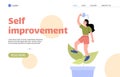 Web template with text self improvement and illustration of girl who waters herself with water like flower. Vector flat