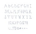 Thin handwritten font. Set of letters, numbers and signs. Vector isolated