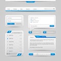 Web UI Controls Elements Gray And Blue On Light Background: Navigation Bar, Buttons, Form, Slider, Message Box, Menu, Tabs, Search