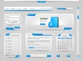 Web UI Controls Elements Gray And Blue On Light Background: Navigation Bar, Buttons, Menu, Video Player. EPS 10