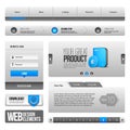 Web UI Controls Elements Gray And Blue On White Background: Navigation Bar, Buttons, Form, Slider, Message Box, Menu, Tabs Royalty Free Stock Photo