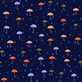 Umbrellas - seamless pattern. Small colorful umbrellas, raindrops.