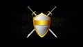 Crossed gold and silver shield and sword on a dark abstract background. Royalty Free Stock Photo