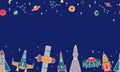 Various cartoon spaceships, stars, planets. Seamless horizontal colored vector pattern on a blue sky background. Royalty Free Stock Photo