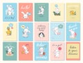 Vector baby shower design template collection. Cute hand drawn little bunny character. Flat lay. Royalty Free Stock Photo