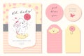 Vector baby shower design template. Cute hand drawn little bunny character. Flat lay. Pastel colors. Royalty Free Stock Photo