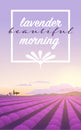 Vector flat landscape illustration of beautiful lavender field on sunrise: sky, mountains, cozy houses, lavender. Royalty Free Stock Photo