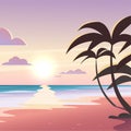 Vector flat landscape illustration of wild nature summer sunset on beach view with sky, sea coast, ocean, palm trees. Royalty Free Stock Photo